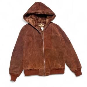 Hide-away 70s Vintage Suede Leather Hooded Chore Coat Barn Jacket Womens XS